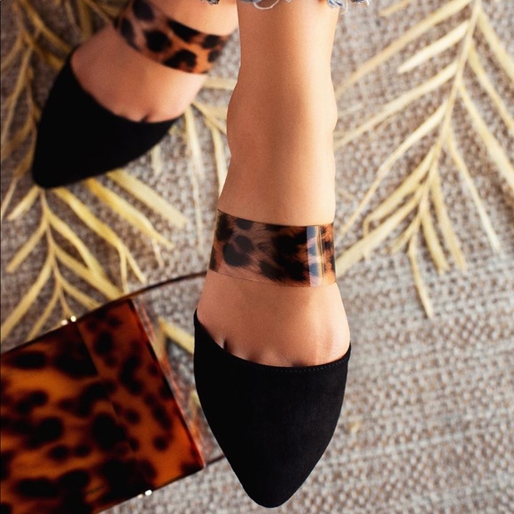 NEW** LADIES LEOPARD/ CLEAR ALMOND TOE FLAT MULES - Picture 5 of 5